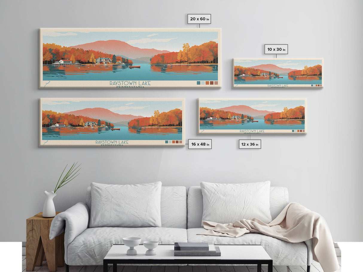 Raystown Lake, Pennsylvania Framed Canvas Print, Living Room Art, Midcentury Modern, Panoramic Travel Poster, Wall Art, Pop Art