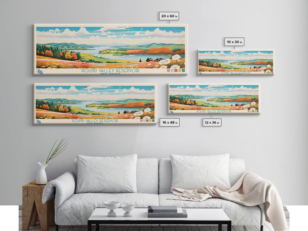 Round Valley Reservoir, New Jersey Framed Canvas Print, Panoramic Travel Poster, Midcentury Modern Art, Home Decor, Pop Art, Wall Decoration