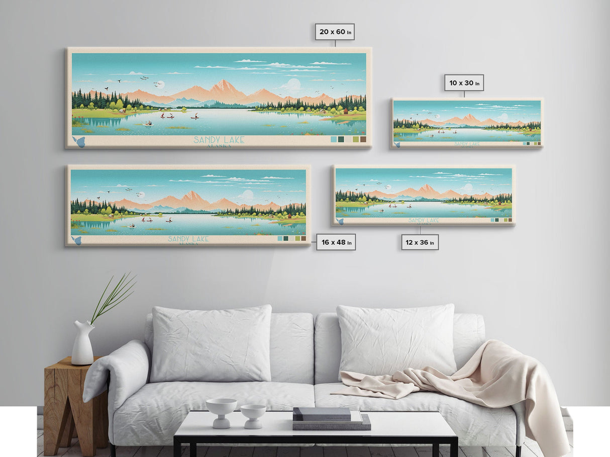 Sandy Lake, Alaska Framed Canvas Print, Panoramic Travel Poster, Midcentury Modern Art, Living Room Decor, Pop Art, Wall Art