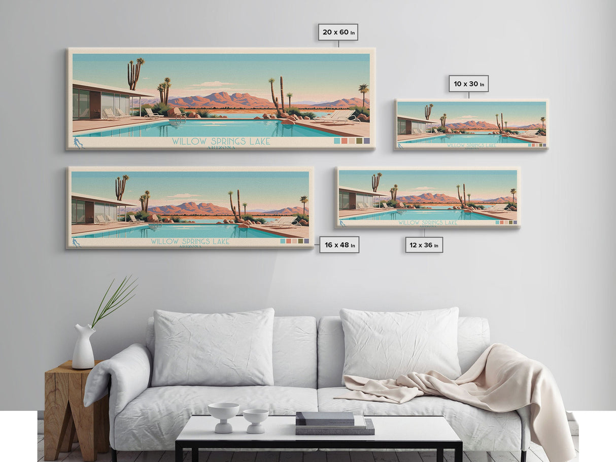 Willow Springs Lake, Arizona Panoramic Framed Canvas Print, Lake House Art, Midcentury Modern Decor, Pop Art, Travel Poster, Bedroom Wall Art