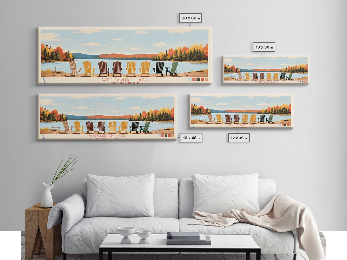 Winnisquam Lake, New Hampshire Panoramic Framed Canvas Print, Lake House Decor, Midcentury Modern Art, Pop Art, Travel Poster