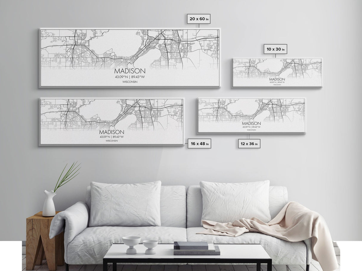 Panoramic Madison City Map, Wisconsin Art, Map Print, Minimalist Wall Art, Canvas Art, Housewarming Gift, Street Map Art, Closing Gift