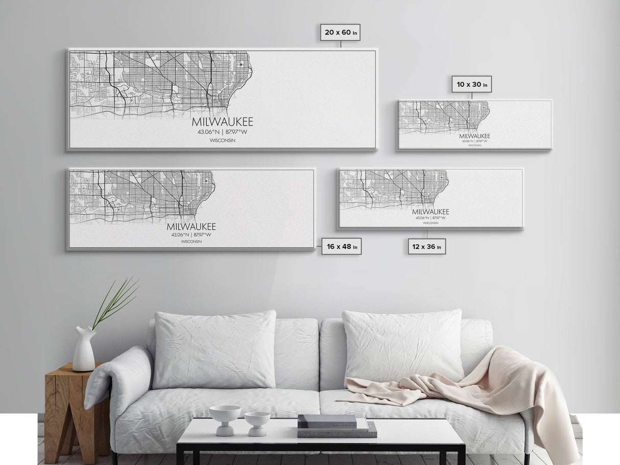 Panoramic Milwaukee City Map, Wisconsin Art, Map Print, Minimalist Wall Art, Canvas Art, Housewarming Gift, Street Map Art, Closing Gift