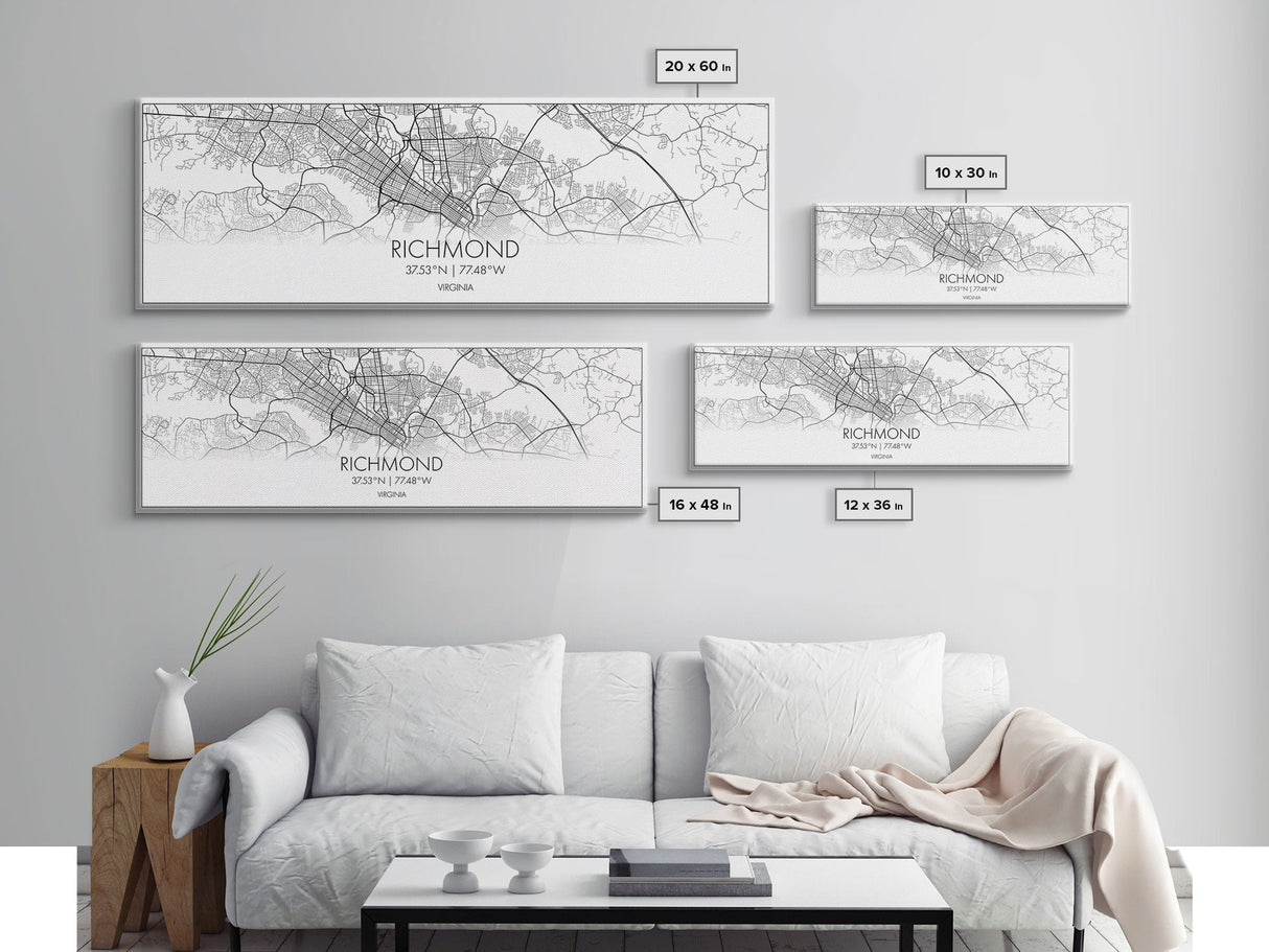 Panoramic Richmond City Map, Virginia Art, Map Print, Minimalist Wall Art, Canvas Art, Housewarming Gift, Street Map Art, Closing Gift