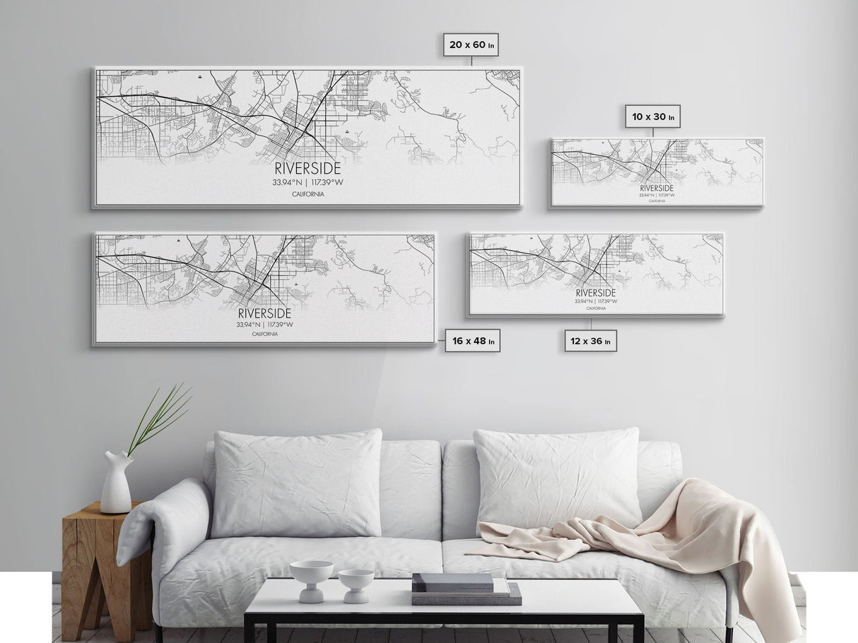 Panoramic Riverside City Map, California Art, Map Print, Minimalist Wall Art, Canvas Art, Housewarming Gift, Street Map Art, Closing Gift