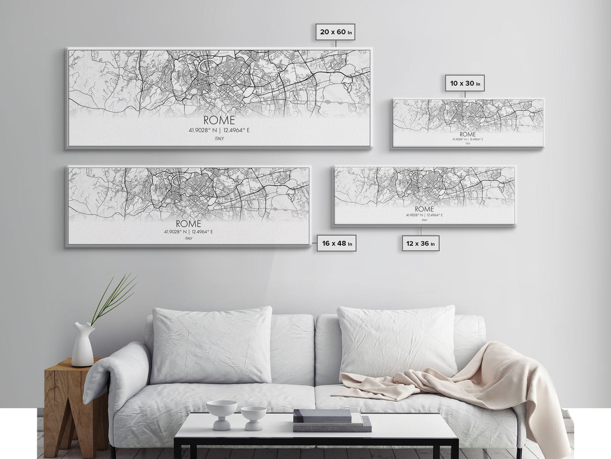 Panoramic Rome City Map, Italy Art, Map Print, Minimalist Wall Art, Canvas Art, Housewarming Gift, Street Map Art, Closing Gift