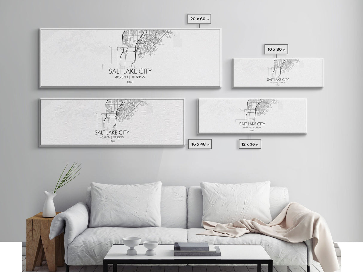 Panoramic Salt Lake City Map, Utah Art, Map Print, Minimalist Wall Art, Canvas Art, Housewarming Gift, Street Map Art, Closing Gift