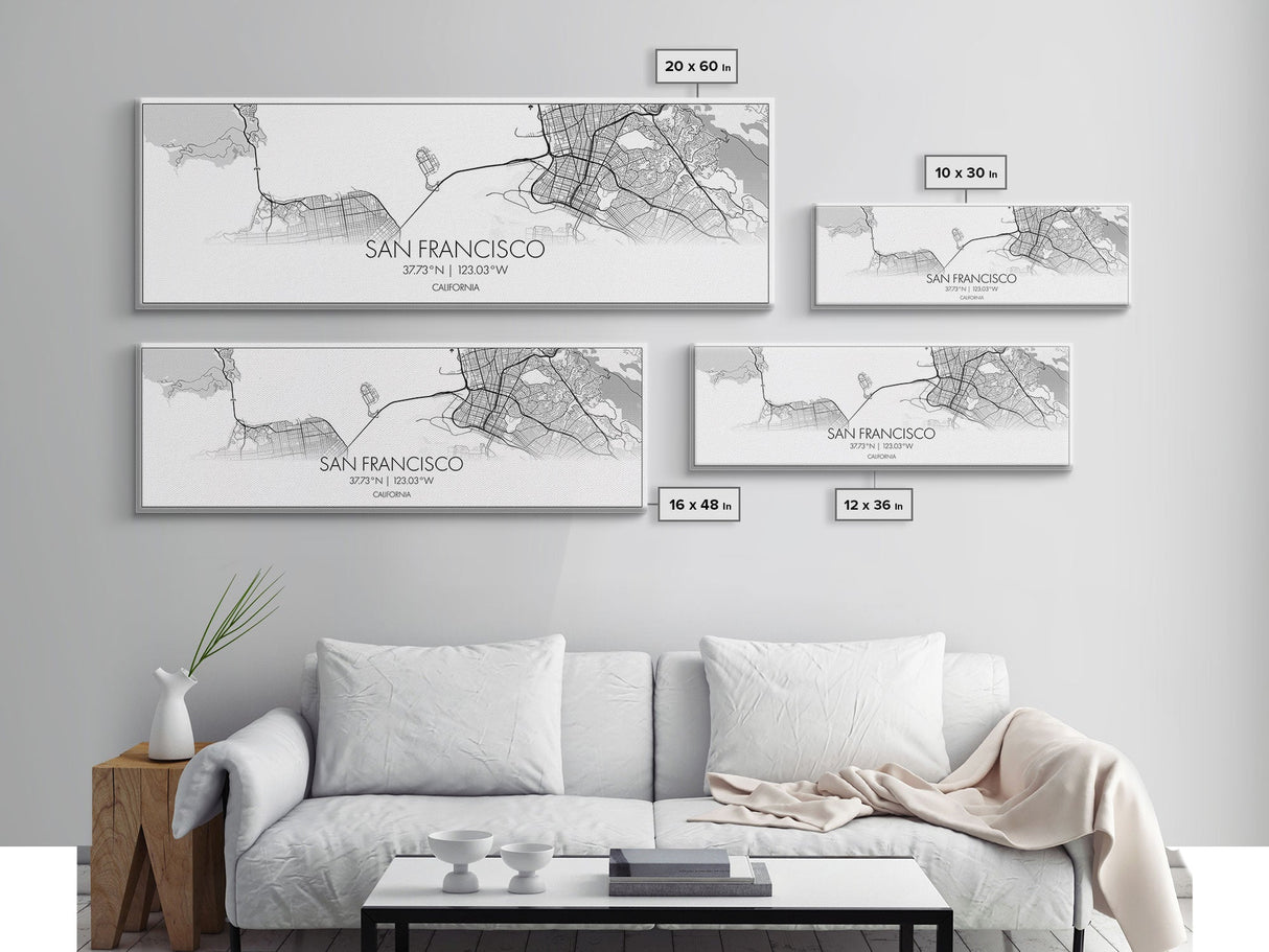 Panoramic San Francisco City Map, California Art, Map Print, Minimalist Wall Art, Canvas Art, Housewarming Gift, Street Map, Closing Gift