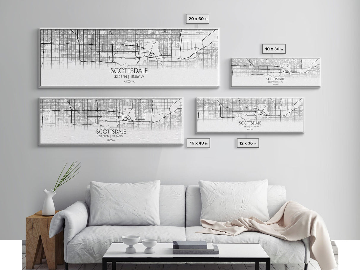 Panoramic Scottsdale City Map, Arizona Art, Map Print, Minimalist Wall Art, Canvas Art, Housewarming Gift, Street Map Art, Closing Gift