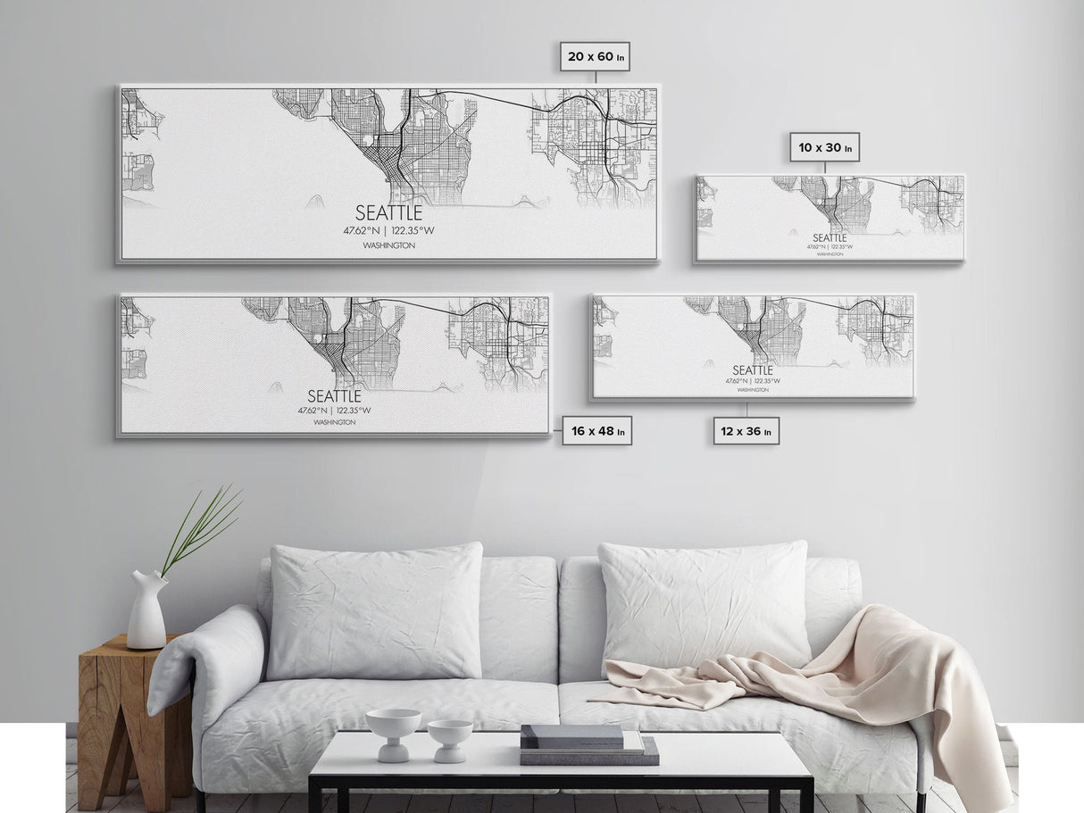 Panoramic Seattle City Map, Washington Art, Map Print, Minimalist Wall Art, Canvas Art, Housewarming Gift, Street Map Art, Closing Gift