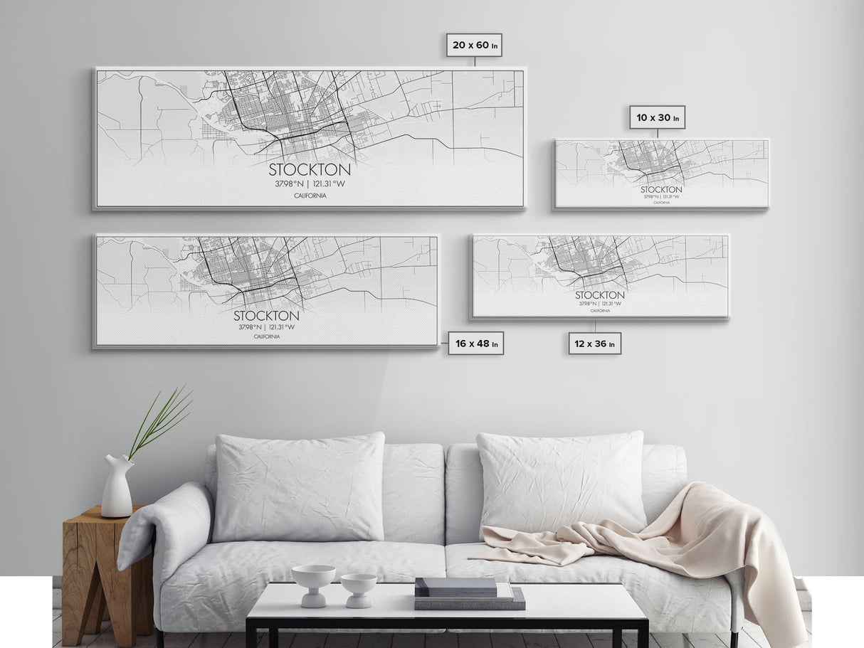 Panoramic Stockton City Map, California Art, Map Print, Minimalist Wall Art, Canvas Art, Housewarming Gift, Street Map Art, Closing Gift