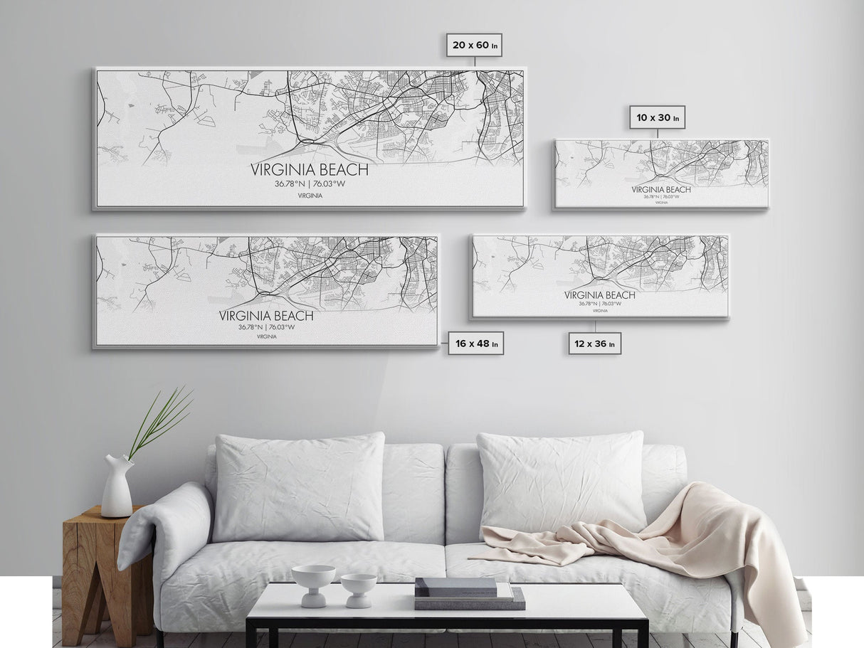 Panoramic Virginia Beach City Map, Virginia Art, Map Print, Minimalist Wall Art, Canvas Art, Housewarming Gift, Street Map Art, Closing Gift