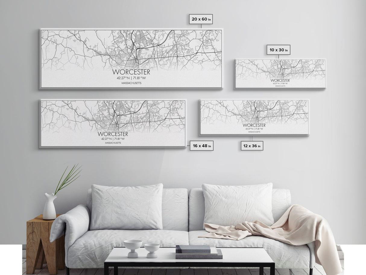 Panoramic Worcester City Map, Massachusetts Art, Map Print, Minimalist Wall Art, Canvas Art, Housewarming Gift, Street Map Art, Closing Gift