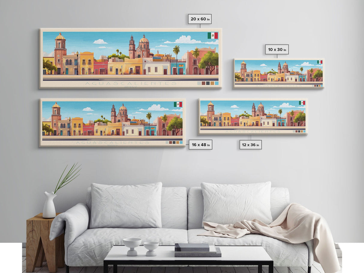 Aguascalientes, Mexico Panoramic Travel Poster Canvas Print, Aguascalientes, Mexico Painting, Mexico Art, Aguascalientes Travel Art, Guest Room Painting