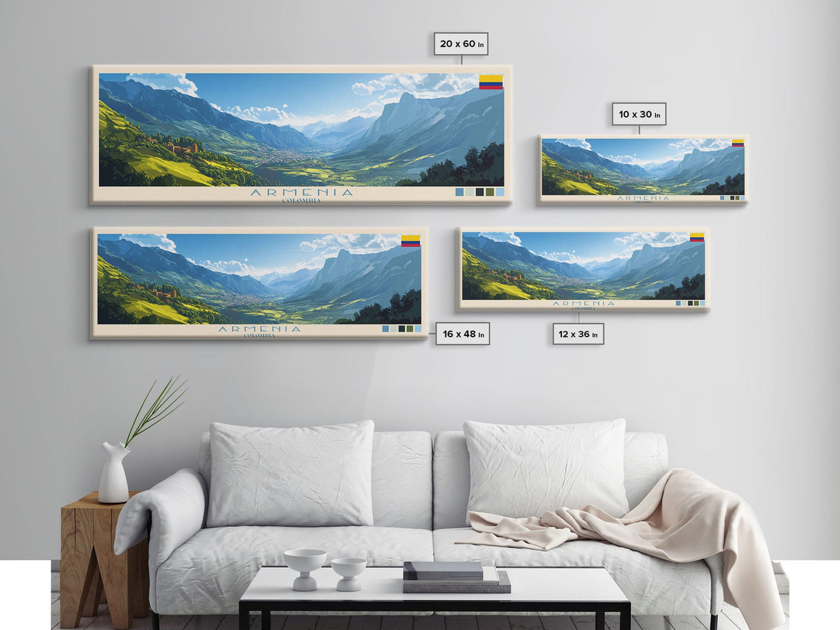 Armenia, Colombia Panoramic Travel Poster Canvas Print, Armenia, Colombia Painting, Colombia Art, Armenia Panoramic Travel Art, Travel Painting