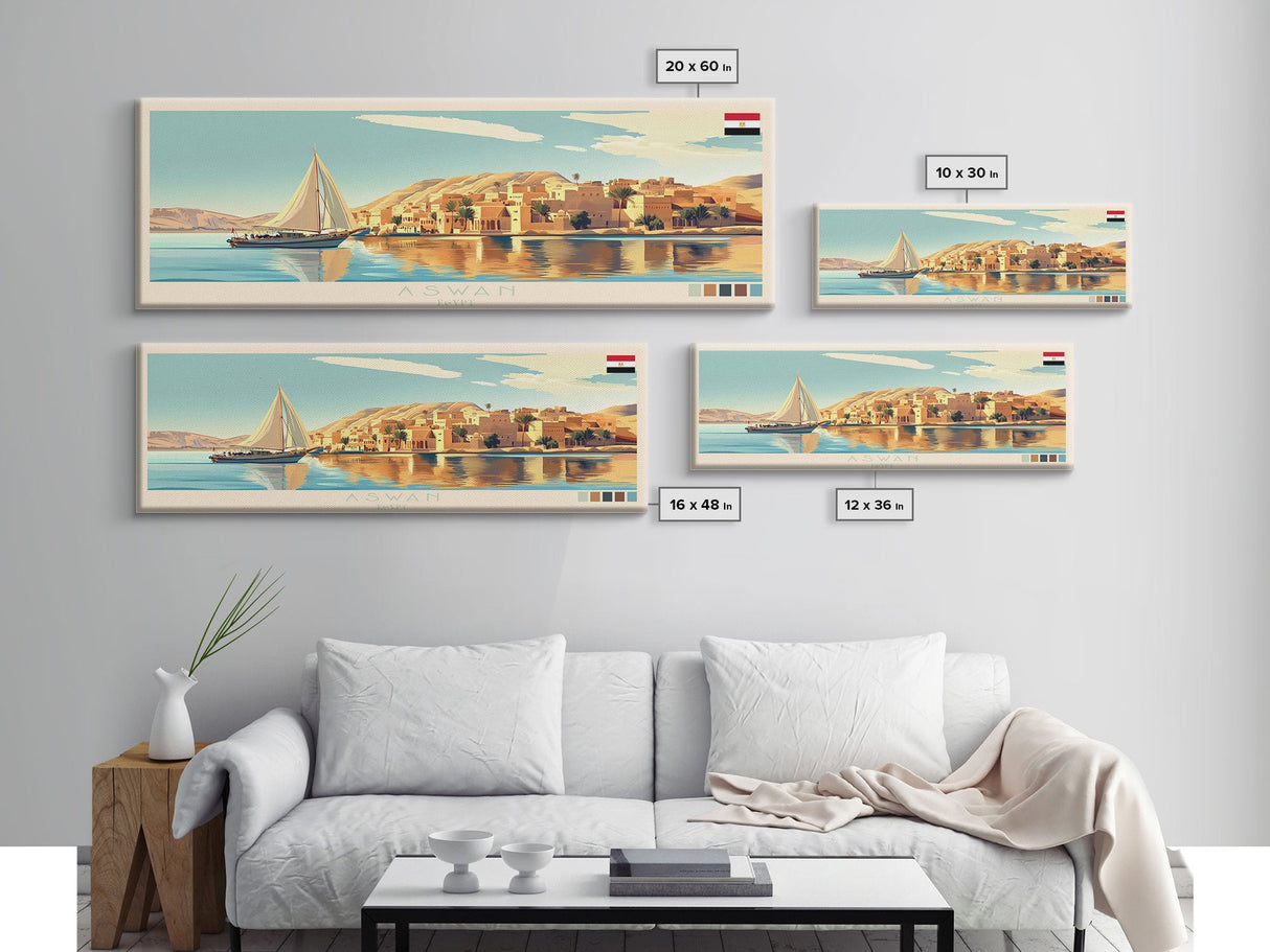 Aswan, Egypt Travel Poster Panoramic Canvas Print, Aswan, Egypt Painting, Egypt Art, Aswan Travel Art, Guest Room Painting