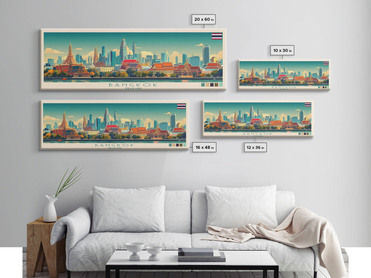 Bangkok, Thailand Travel Poster Panoramic Canvas Print, Bangkok, Thailand Painting, Thailand Art, Bangkok Travel Art, Guest Room Painting