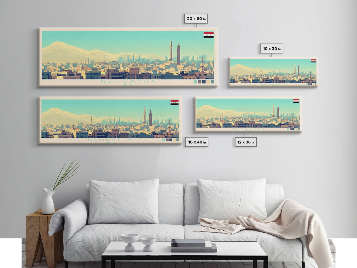 Panoramic Travel Poster Damascus, Syria Canvas Print, Damascus, Syria Painting, Syria Art, Damascus Travel Art, Guest Room Painting