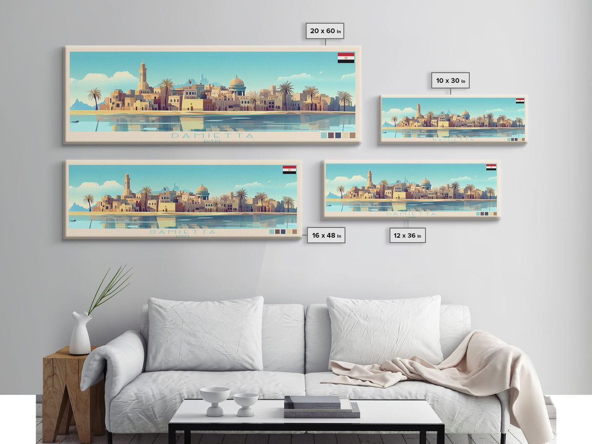 Damietta, Egypt Panoramic Travel Poster Canvas Print, Damietta, Egypt Painting, Egypt Art, Damietta Panoramic Travel Art, Travel Painting