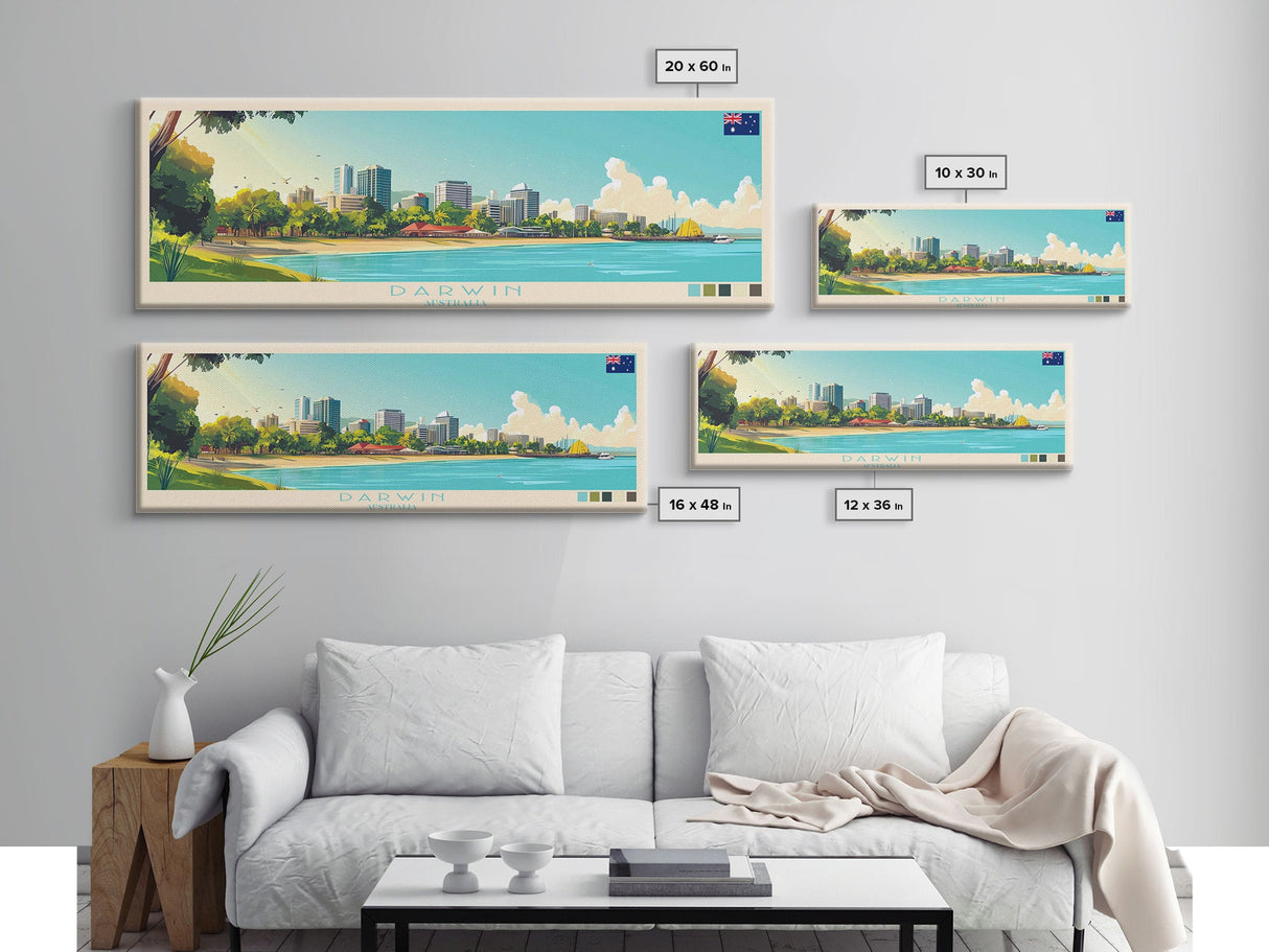 Darwin, Australia Travel Poster Panoramic Canvas Print, Darwin, Australia Painting, Australia Art, Darwin Travel Art, Guest Room Painting