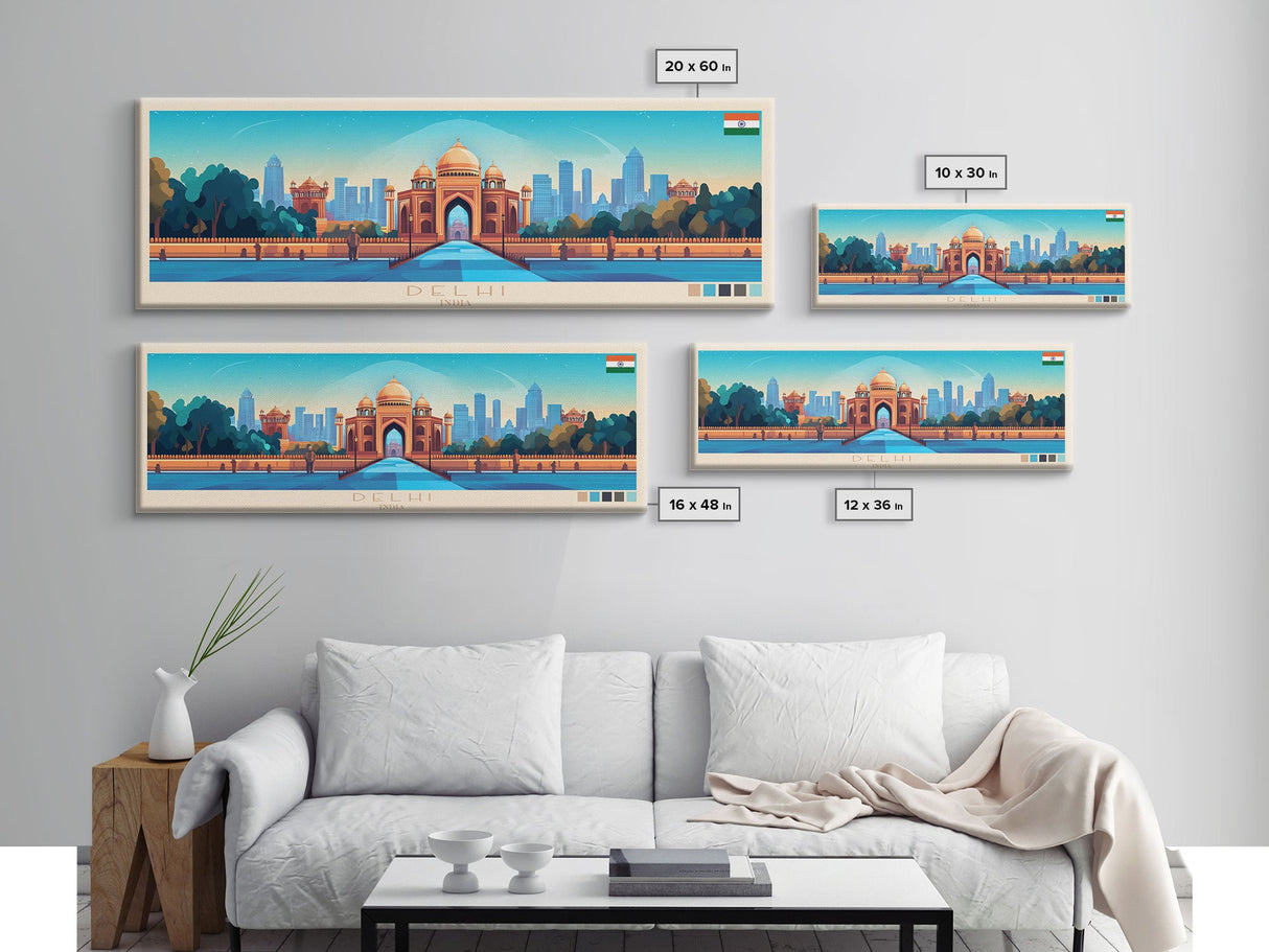 Delhi, India Travel Poster Panoramic Canvas Print, Delhi, India Painting, India Art, Delhi Travel Art, Guest Room Painting