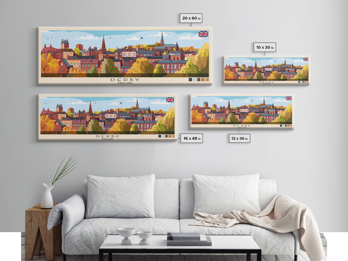 Derby, England Panoramic Travel Poster Canvas Print, Derby, England Painting, England Art, Derby Travel Art, Guest Room Painting