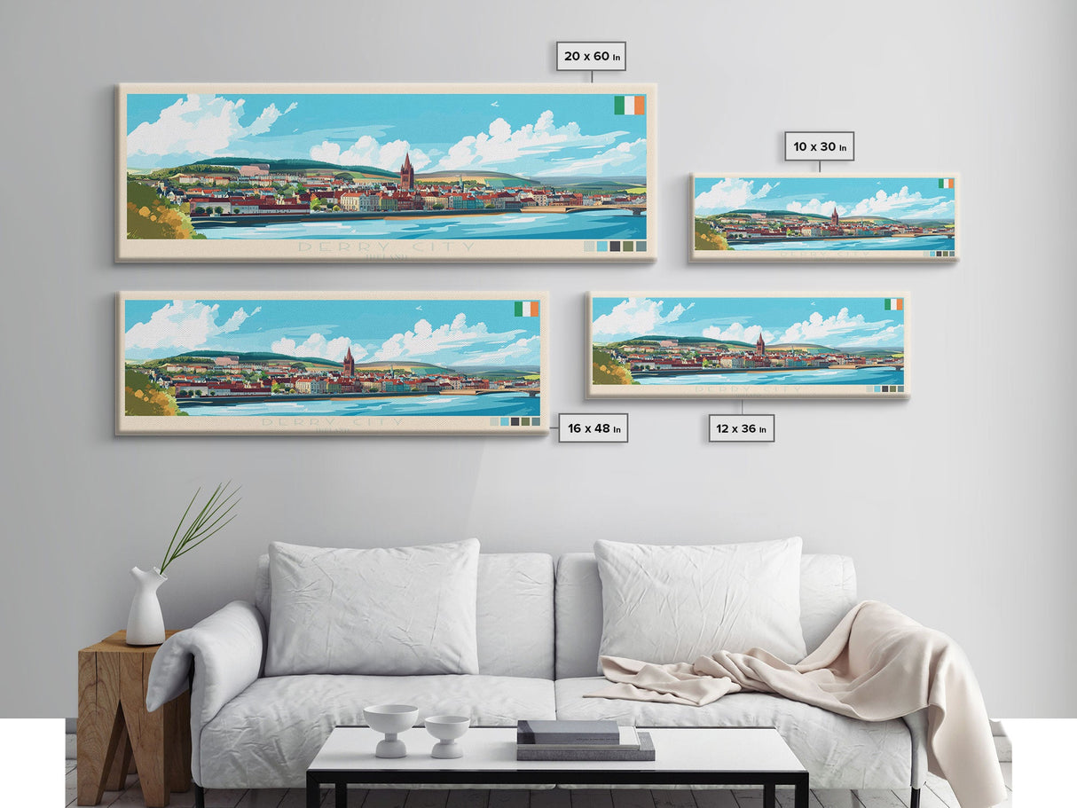 Panoramic Travel Poster Derry City, Ireland Canvas Print, Derry City, Ireland Painting, Ireland Art, Derry City Travel Art, Guest Room Painting