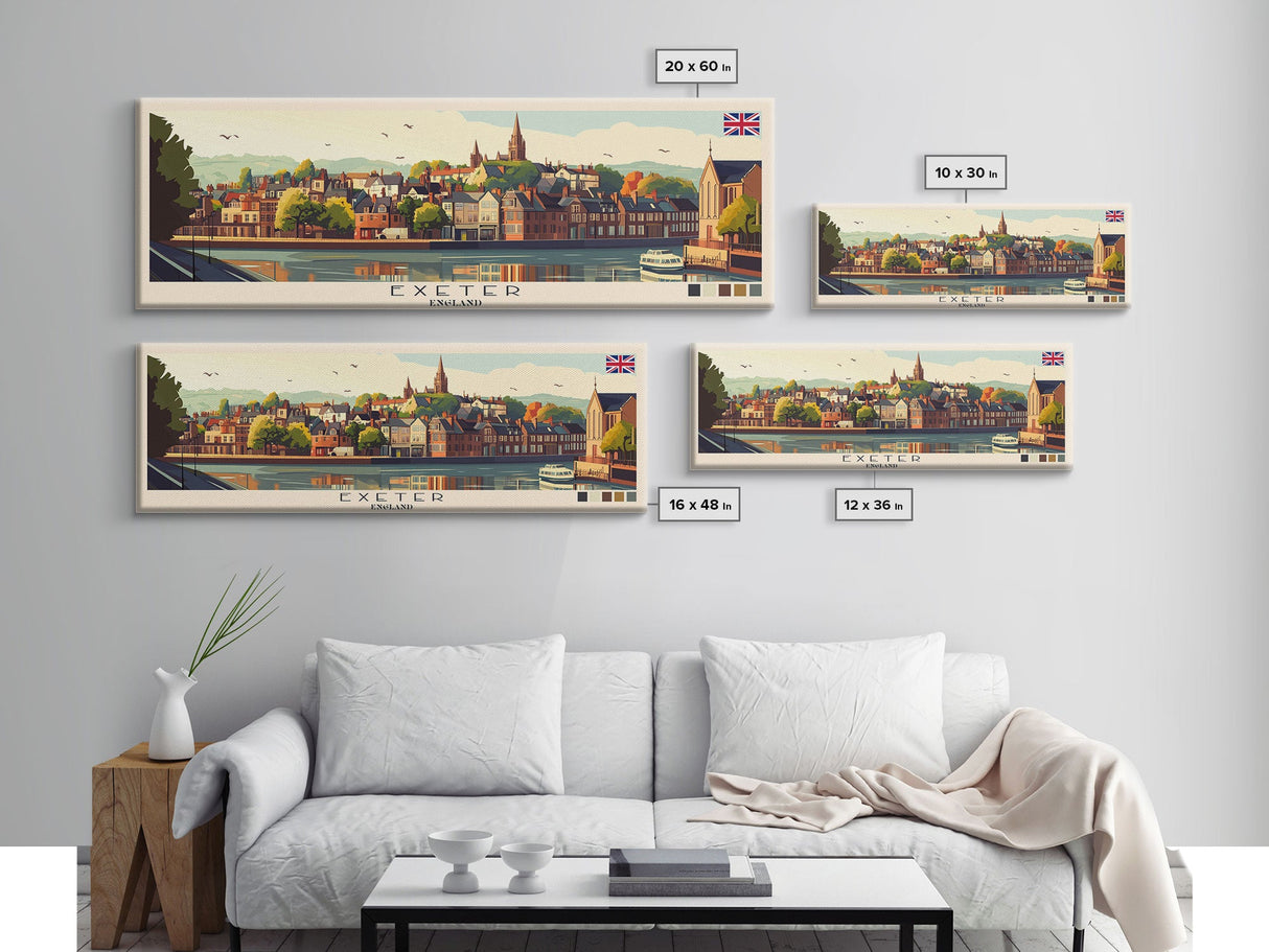 Panoramic Travel Poster Exeter, England Canvas Print, Exeter, England Painting, England Art, Exeter Travel Art, Guest Room Painting