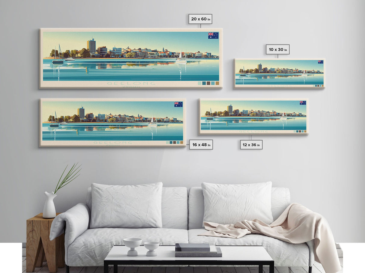 Geelong, Australia Travel Poster Panoramic Canvas Print, Geelong, Australia Painting, Australia Art, Geelong Travel Art, Guest Room Painting