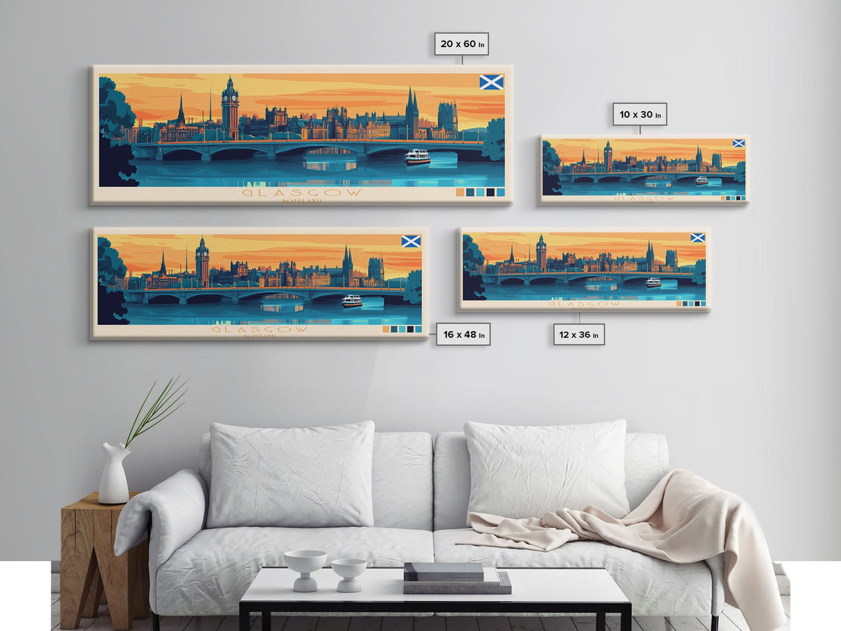 Glasgow, Scotland Panoramic Travel Poster Canvas Print, Glasgow, Scotland Painting, Scotland Art, Glasgow Travel Art, Guest Room Painting