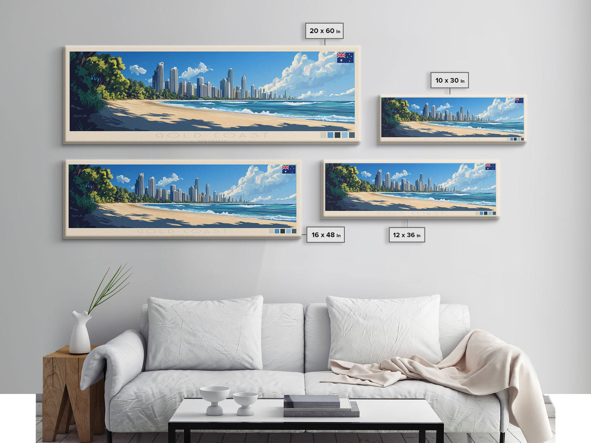 Gold Coast, Australia Travel Poster Panoramic Canvas Print, Gold Coast, Australia Painting, Australia Art, Gold Coast Travel Art, Guest Room Painting