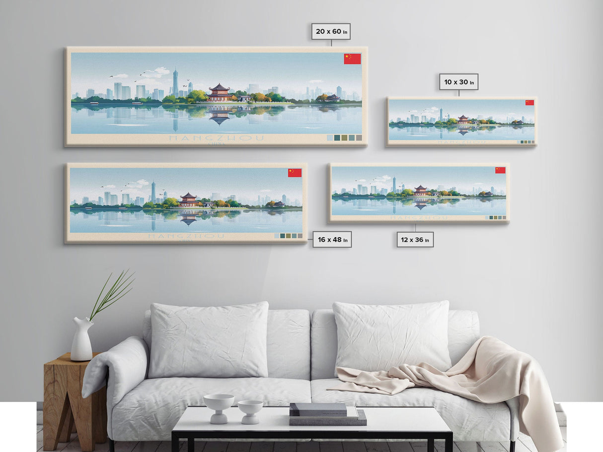 Hangzhou, China Panoramic Travel Poster Canvas Print, Hangzhou, China Painting, China Art, Hangzhou Panoramic Travel Art, Travel Painting