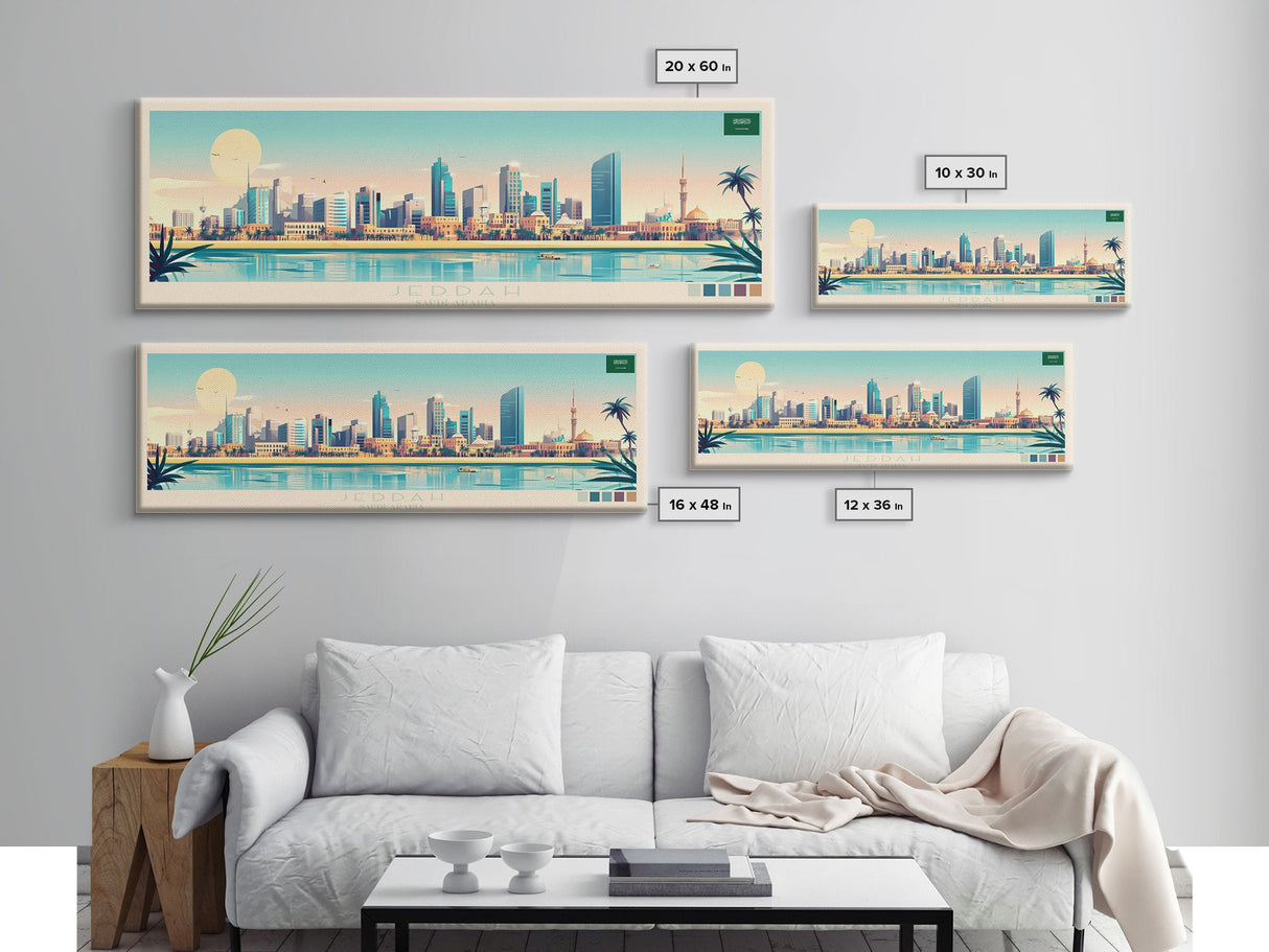 Jeddah, Saudi Arabia Panoramic Travel Poster Canvas Print, Jeddah, Saudi Arabia Painting, Saudi Arabia Art, Jeddah Panoramic Travel Art, Travel Painting