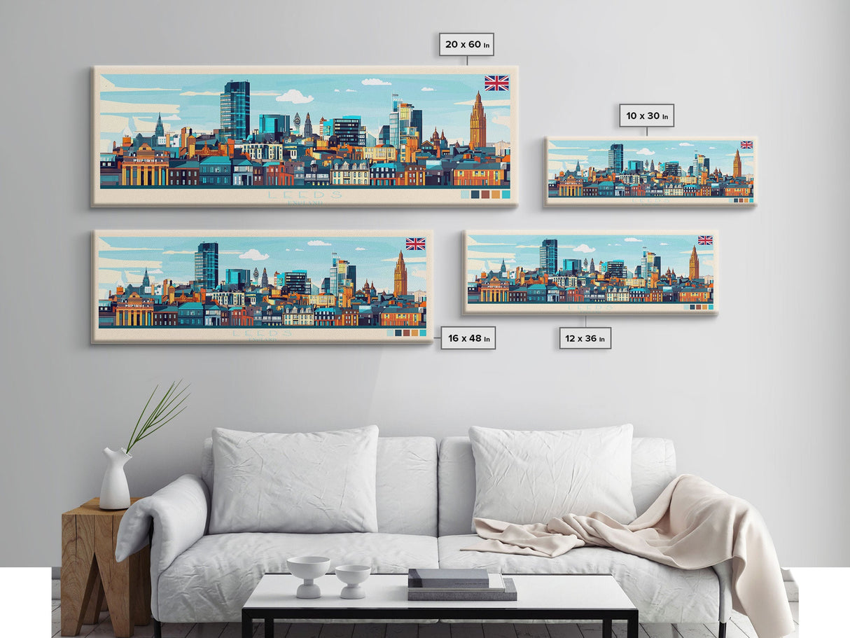 Panoramic Travel Poster Leeds, England Canvas Print, Leeds, England Painting, England Art, Leeds Travel Art, Guest Room Painting