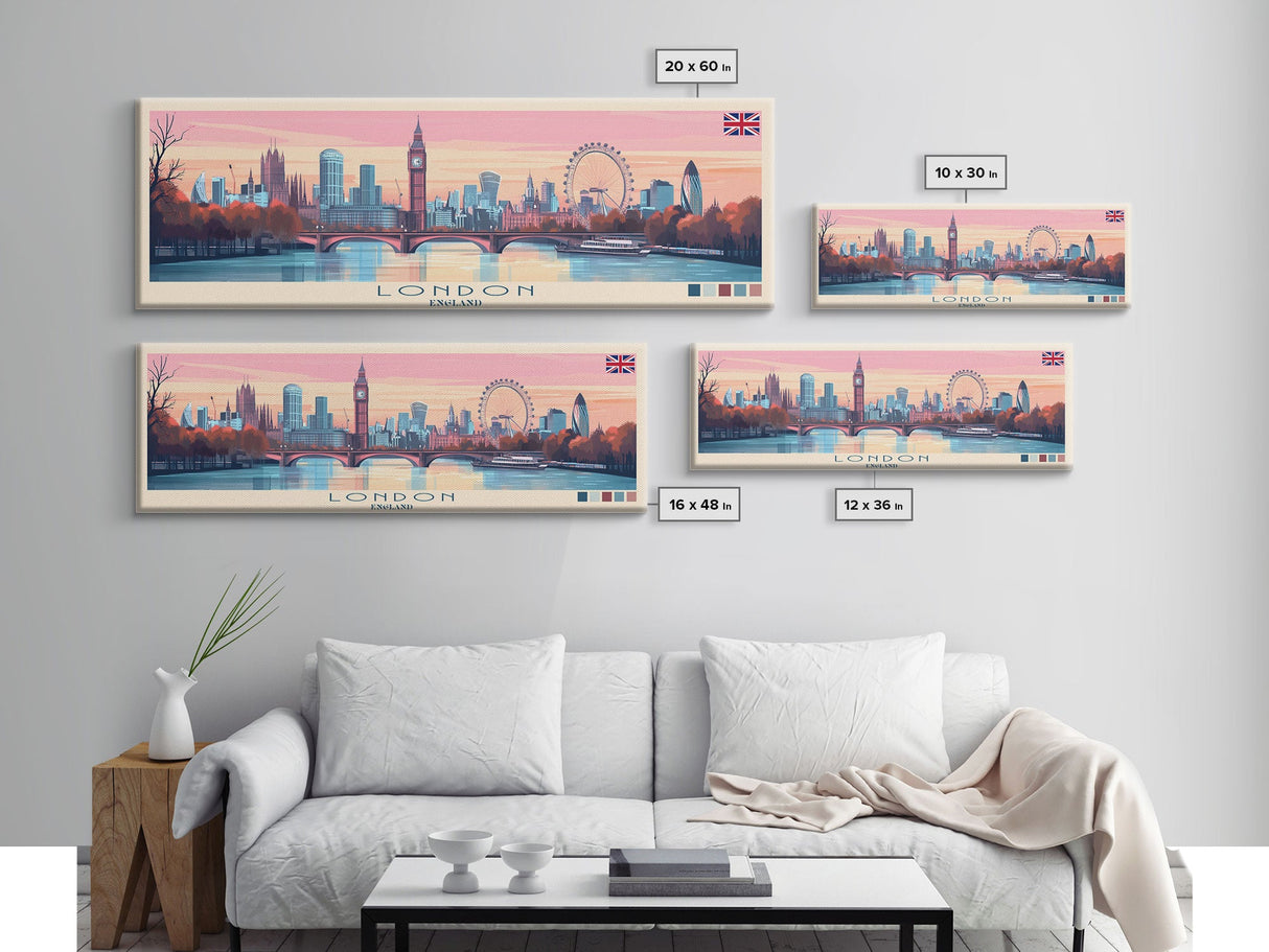 London, England Panoramic Travel Poster Canvas Print, London, England Painting, England Art, London Panoramic Travel Art, Travel Painting