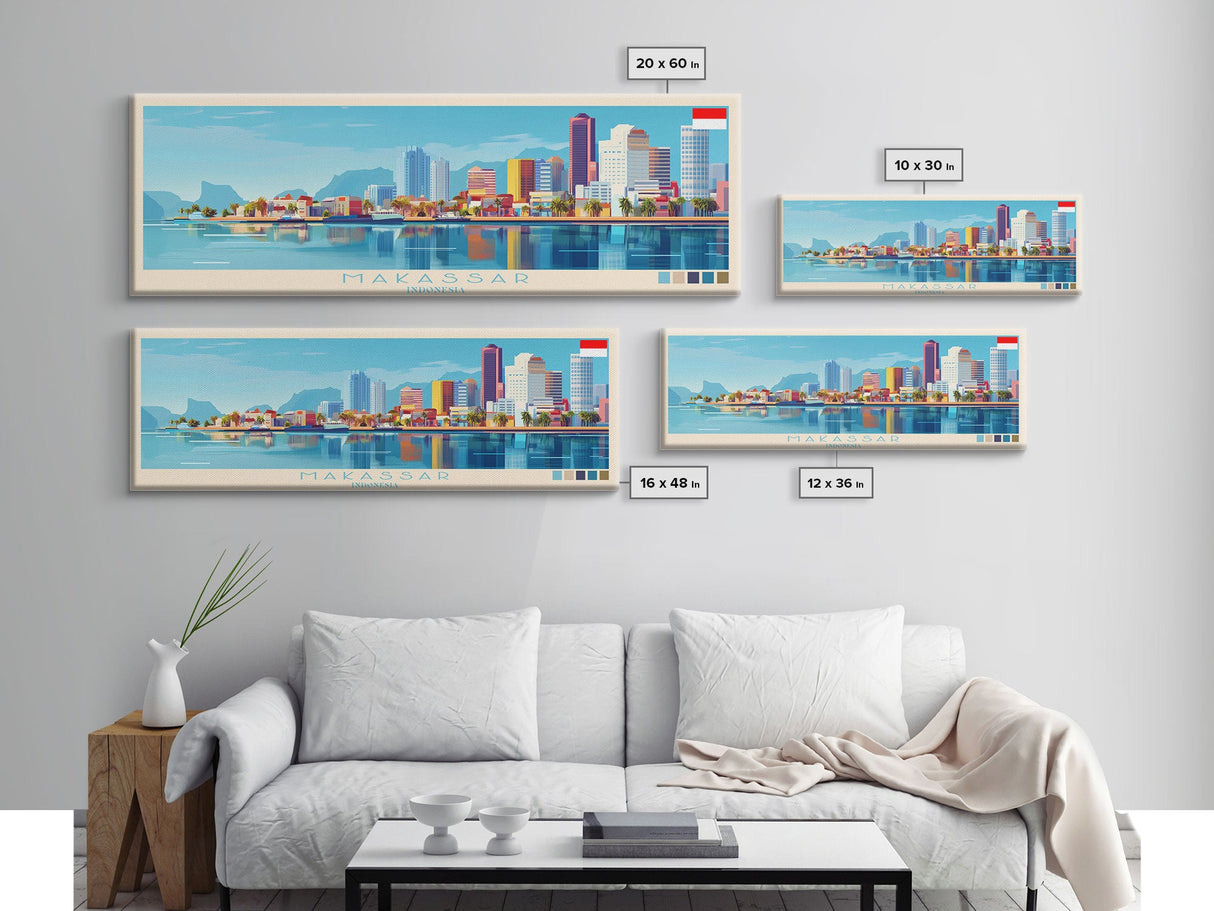 Makassar, Indonesia Panoramic Travel Poster Canvas Print, Makassar, Indonesia Painting, Indonesia Art, Makassar Travel Art, Guest Room Painting