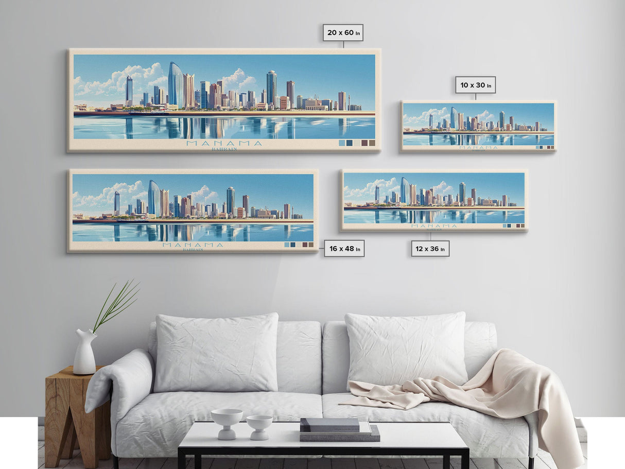 Manama, Bahrain Travel Poster Panoramic Canvas Print, Manama, Bahrain Painting, Bahrain Art, Manama Travel Art, Guest Room Painting