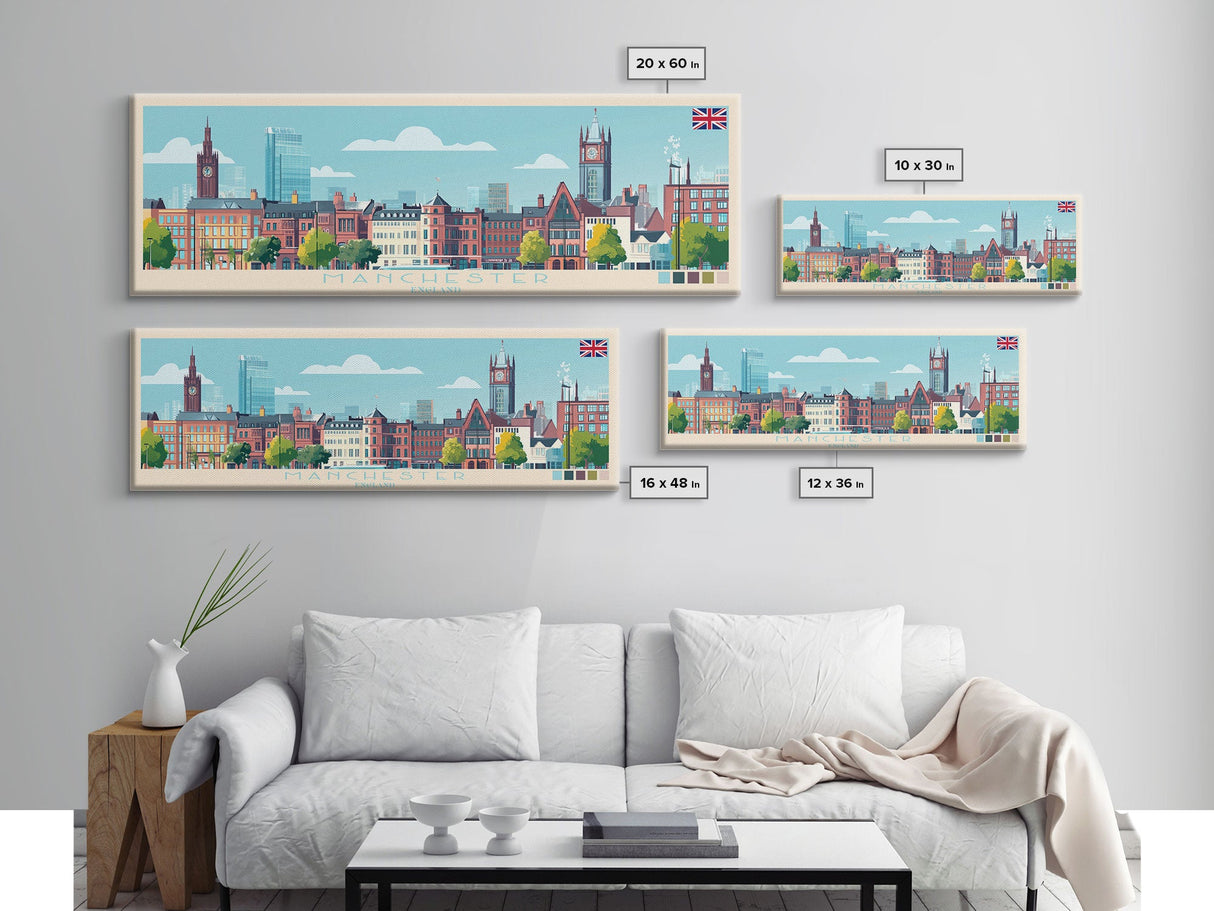 Manchester, England Panoramic Travel Poster Canvas Print, Manchester, England Painting, England Art, Manchester Travel Art, Guest Room Painting