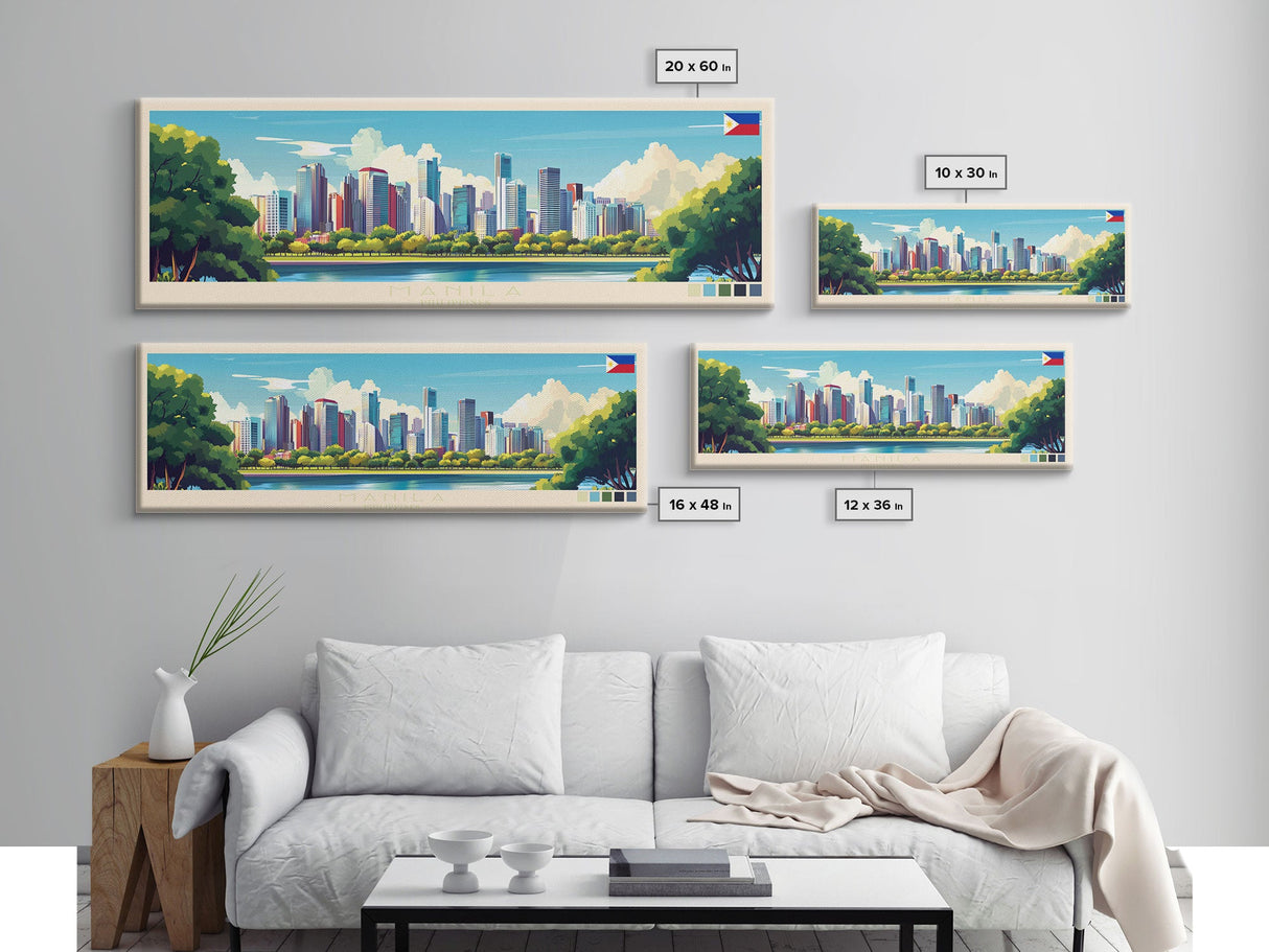 Manila, Philippines Panoramic Travel Poster Canvas Print, Manila, Philippines Painting, Philippines Art, Manila Panoramic Travel Art, Travel Painting