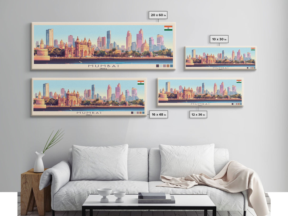 Mumbai, India Panoramic Travel Poster Canvas Print, Mumbai, India Painting, India Art, Mumbai Travel Art, Guest Room Painting