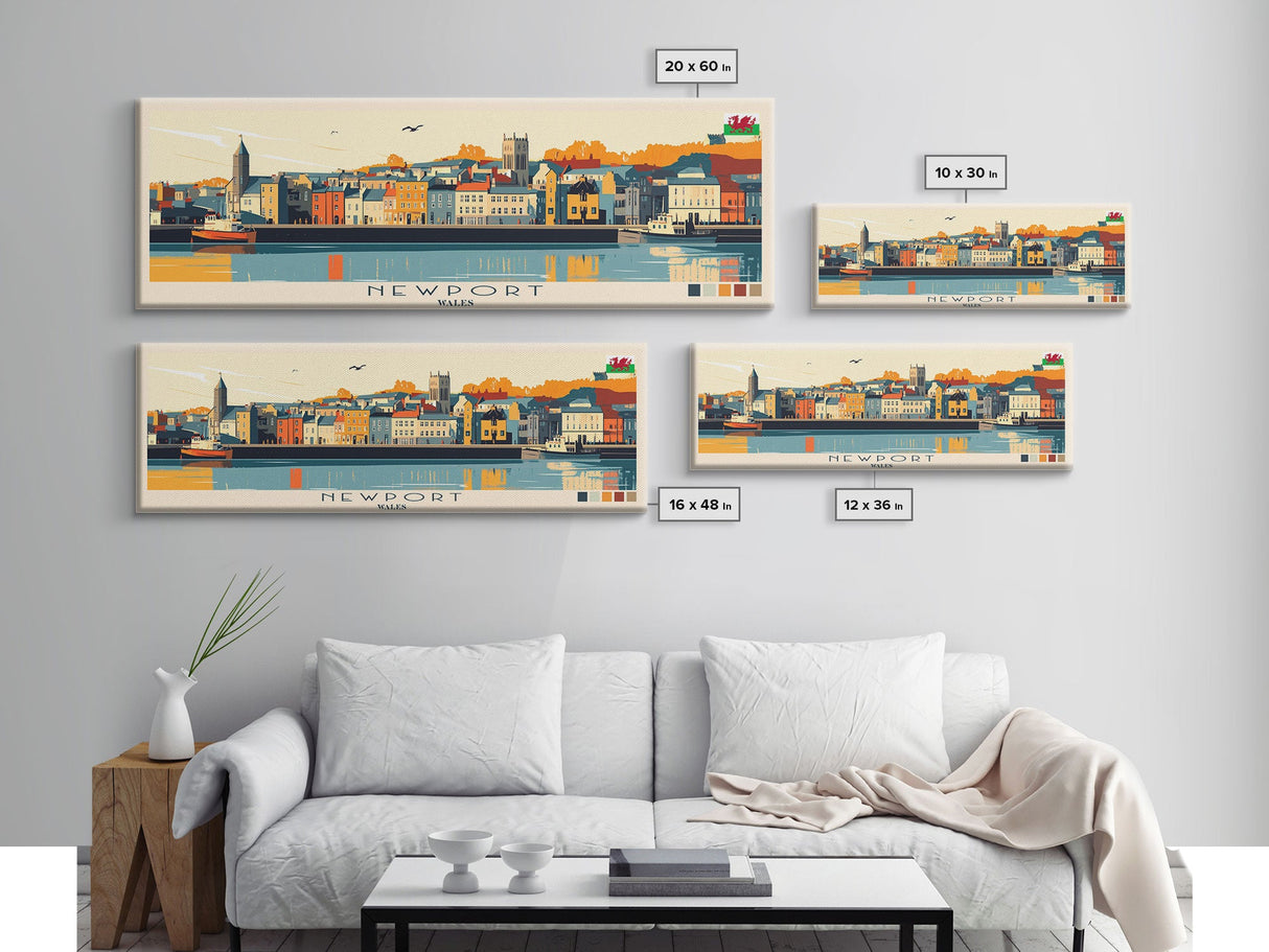 Newport, Wales Panoramic Travel Poster Canvas Print, Newport, Wales Painting, Wales Art, Newport Travel Art, Guest Room Painting