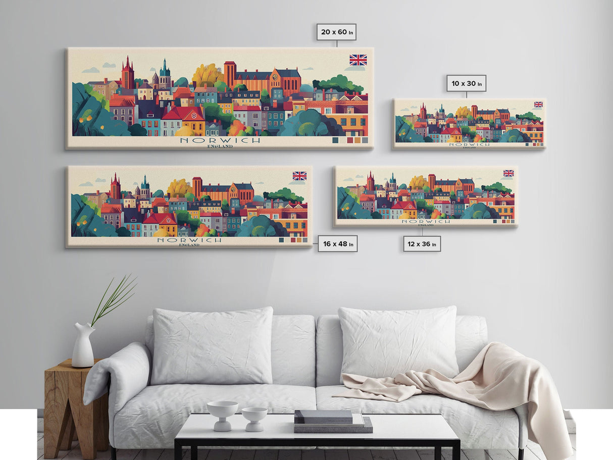 Panoramic Travel Poster Norwich, England Canvas Print, Norwich, England Painting, England Art, Norwich Travel Art, Guest Room Painting