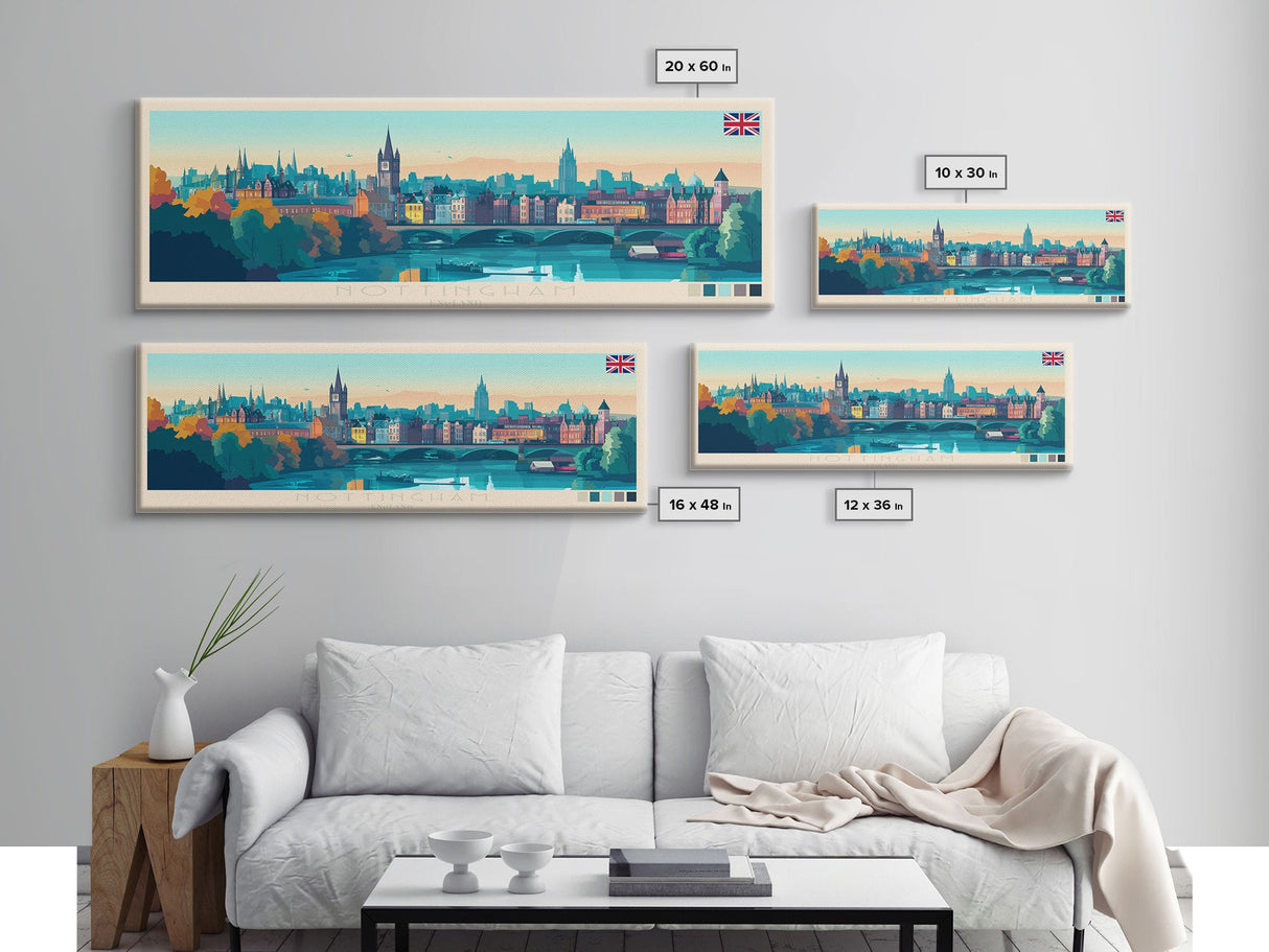 Nottingham, England Panoramic Travel Poster Canvas Print, Nottingham, England Painting, England Art, Nottingham Panoramic Travel Art, Travel Painting