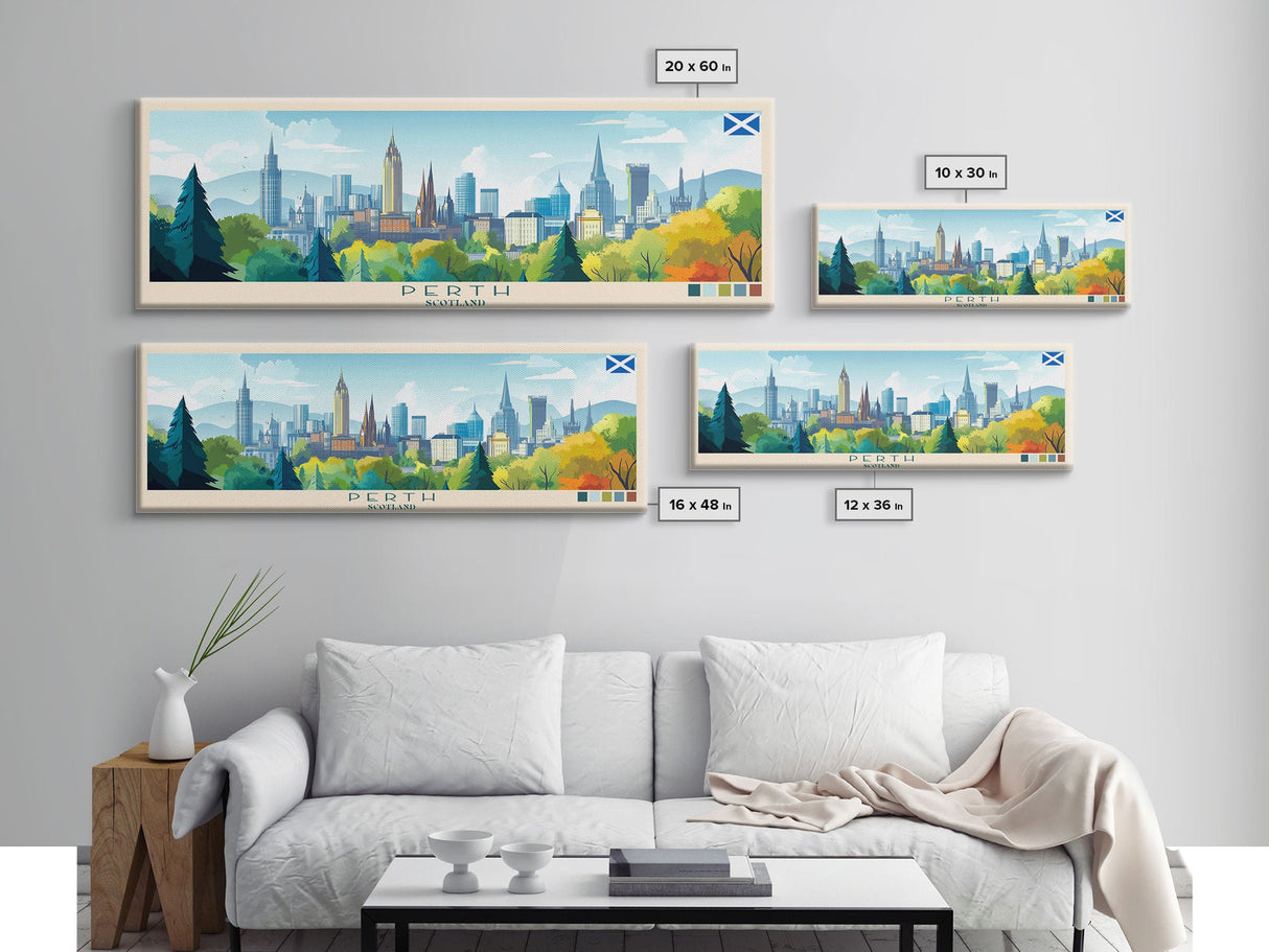 Panoramic Travel Poster Perth, Scotland Canvas Print, Perth, Scotland Painting, Scotland Art, Perth Travel Art, Guest Room Painting