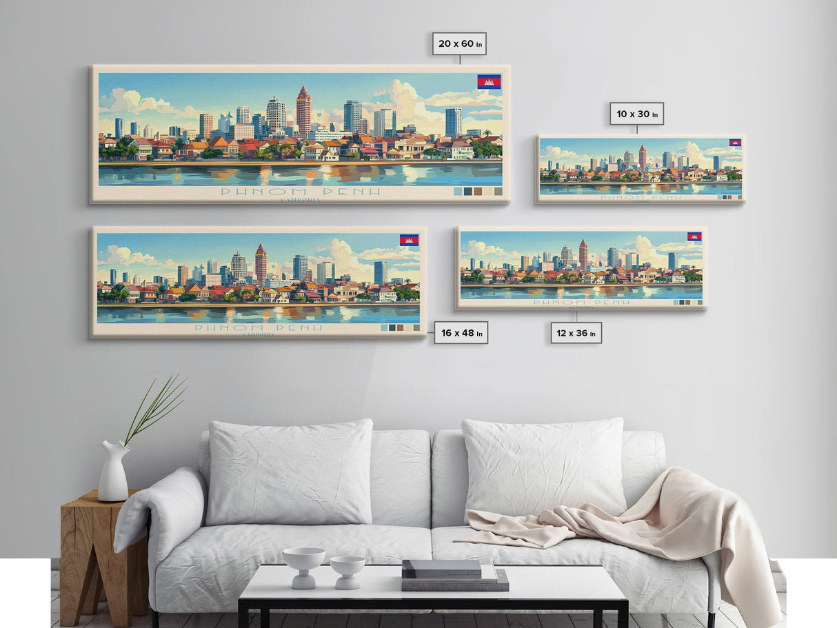 Phnom Penh, Cambodia Panoramic Travel Poster Canvas Print, Phnom Penh, Cambodia Painting, Cambodia Art, Phnom Penh Travel Art, Guest Room Painting