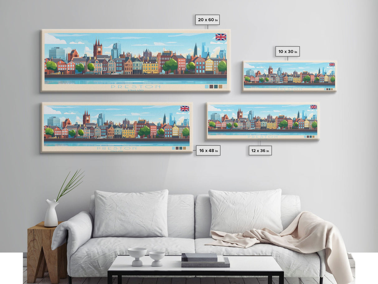 Preston, England Panoramic Travel Poster Canvas Print, Preston, England Painting, England Art, Preston Travel Art, Guest Room Painting