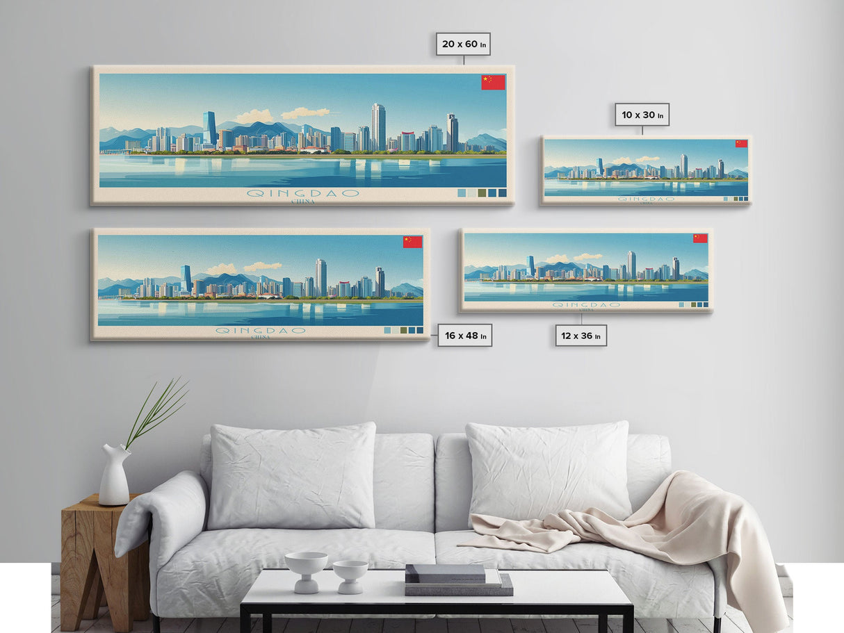 Qingdao, China Panoramic Travel Poster Canvas Print, Qingdao, China Painting, China Art, Qingdao Panoramic Travel Art, Travel Painting