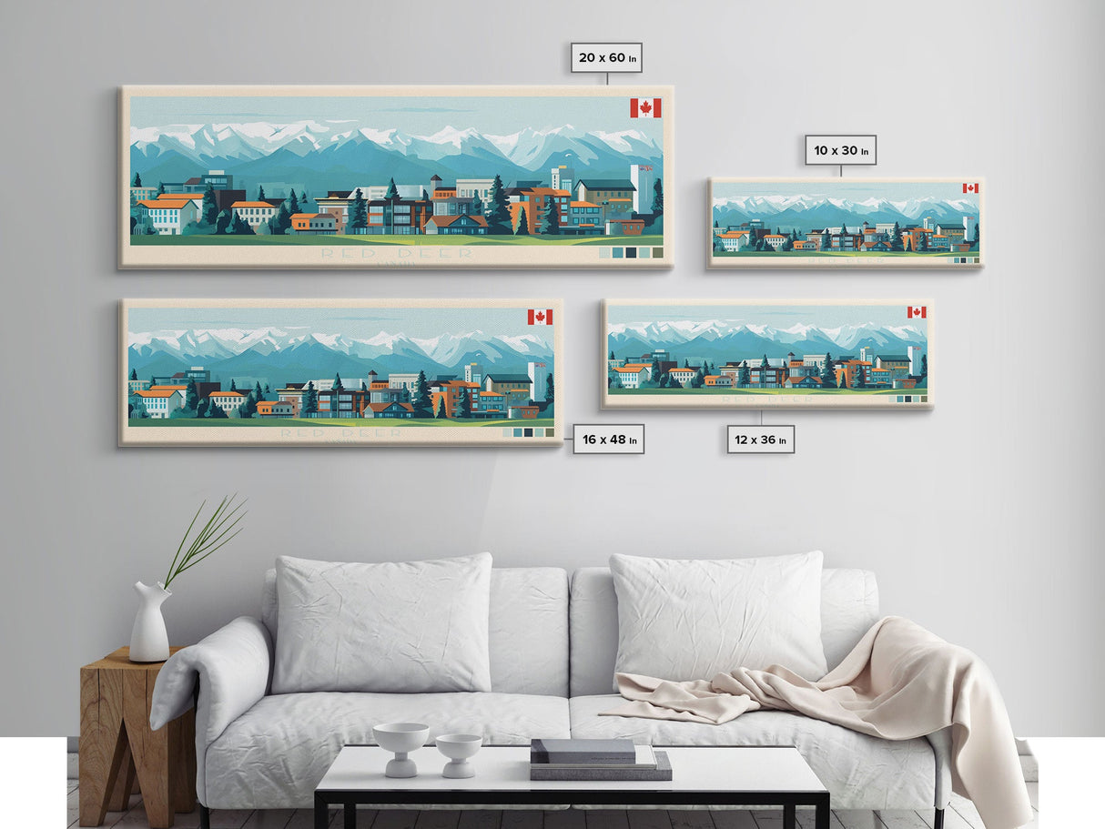 Red Deer, Canada Travel Poster Panoramic Canvas Print, Red Deer, Canada Painting, Canada Art, Red Deer Travel Art, Guest Room Painting