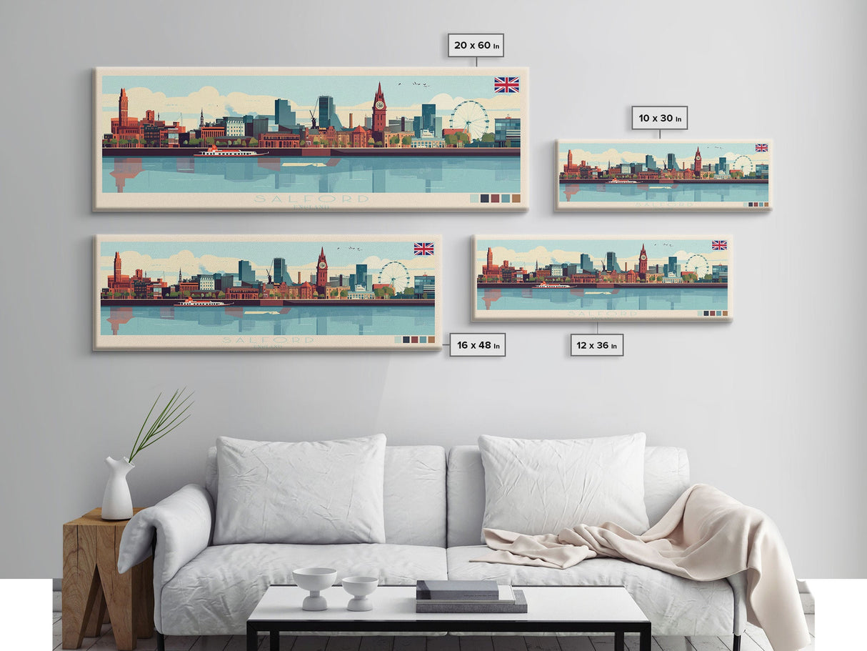 Salford, England Panoramic Travel Poster Canvas Print, Salford, England Painting, England Art, Salford Travel Art, Guest Room Painting