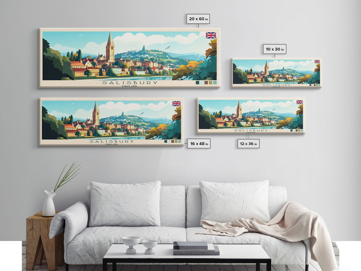 Panoramic Travel Poster Salisbury, England Canvas Print, Salisbury, England Painting, England Art, Salisbury Travel Art, Guest Room Painting